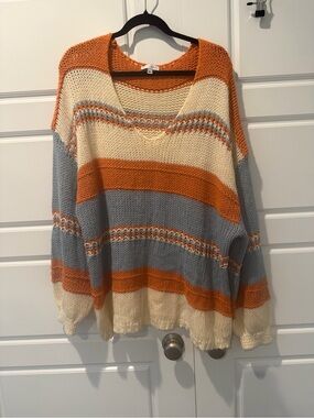 Baltic Born Oversized Loose Knit Sweater Striped Orange Cream Blue Size X-Large